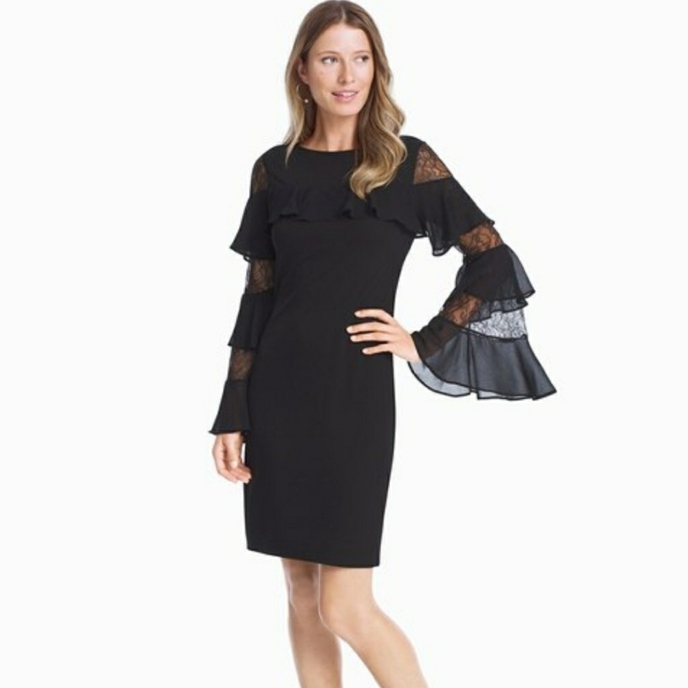 WHBM | Black Ruffled Lace Bell Sleeve Shift Dress